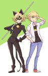  2boys adrien_agreste animal_ears bell black_bodysuit blonde_hair bodysuit boots cat_ears chat_noir domino_mask dual_persona flipped_hair full_body green_eyes green_sclera grin hand_behind_head hand_in_pocket hand_on_hip jocheong male_focus mask miraculous_ladybug multiple_boys popped_collar shoes smile sneakers staff standing two-tone_background 