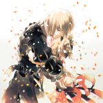  1boy 1girl blonde_hair bow brother_and_sister closed_eyes coat confetti dress edna_(tales) eizen_(tales) gloves gotou_(pixiv37128) gradient gradient_background hug ribbon siblings side_ponytail tales_of_(series) tales_of_berseria tales_of_zestiria tearing_up 