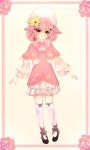  1girl animal_ears black_shoes bow brown_eyes deerling dress flower frilled_sleeves frills full_body hair_flower hair_ornament hat highres highvoltage looking_at_viewer parted_lips personification pink_bow pink_dress pink_hair pokemon shoes solo standing thigh-highs white_legwear 