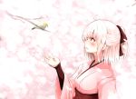  1girl ahoge bird blonde_hair blush bow branch cherry_blossoms commentary_request fate/grand_order fate_(series) fuu_(fuore) hair_bow highres japanese_clothes kimono koha-ace long_sleeves obi open_mouth outstretched_hand pink_kimono profile sakura_saber sash short_hair solo yellow_eyes 