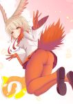  1girl :o animal_ears ass bangs blunt_bangs brown_shoes crested_ibis_(kemono_friends) eyebrows_visible_through_hair fur_collar gloves head_wings japari_symbol kemono_friends long_hair long_sleeves looking_at_viewer pantyhose red_gloves red_legwear redhead shirt shoes sidelocks solo tail white_hair white_shirt yoshiheihe 