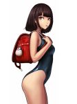  1girl :/ arched_back ass backpack bag bag_charm bangs bare_arms bare_shoulders behind_back bird black_hair black_swimsuit blunt_bangs breasts brown_eyes brown_hair buckle charm_(object) closed_mouth competition_school_swimsuit cowboy_shot expressionless from_side highres jungon_kim looking_at_viewer looking_back looking_to_the_side mouth_hold one-piece_swimsuit original parted_bangs penguin randoseru school_swimsuit short_hair simple_background skin_tight small_breasts solo standing swimsuit thighs white_background 