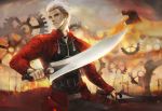  1boy archer brown_eyes commentary fate/stay_night fate_(series) gears highres holding holding_weapon kanshou_&amp;_bakuya long_sleeves phong_anh planted_sword planted_weapon silver_hair solo sword unlimited_blade_works watermark weapon 