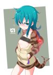  1girl animal_hood aqua_eyes aqua_hair bangs blush breasts commentary_request cowboy_shot flying_sweatdrops hands_in_pockets highres hood hoodie japari_symbol kemono_friends long_hair long_sleeves looking_at_viewer messy_hair small_breasts solo strapless striped sweat tail tail_wagging tsuchinoko_(kemono_friends) tubetop yaosera zipper 