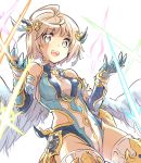  1girl armor elbow_gloves feathered_wings gloves hair_ornament highres ishiyumi leotard light_brown_hair looking_at_viewer navi_(p&amp;d) open_mouth puzzle_&amp;_dragons short_hair simple_background solo thigh-highs white_background white_wings wings yellow_eyes 