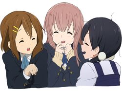  3girls black_hair bow brown_hair closed_eyes company_connection hair_ornament hairpin highres hirasawa_yui k-on! kicchi_(tmgk) kitashirakawa_tamako koe_no_katachi kyoto_animation long_hair low_twintails multiple_girls nishimiya_shouko paw_pose school_uniform short_hair simple_background smile tamako_market twintails white_background 