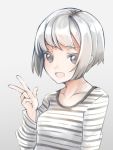  1girl :d bangs blush breasts brown_eyes comah gradient gradient_background grey_background grey_shirt hand_up looking_at_viewer muted_color open_mouth original shirt short_hair silver_hair small_breasts smile solo striped striped_shirt swept_bangs upper_body v w 