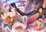  2girls :d alcohol bangs bare_shoulders black_hair blunt_bangs blush breasts brown_legwear cherry_blossoms closed_mouth clouds cloudy_sky collarbone corset cowboy_shot cross-laced_legwear cup dress floating_hair flower food_stand frilled_skirt frills hand_to_head hands_up highres horn horn_ribbon horns japanese_clothes kimono long_hair long_sleeves looking_at_viewer mask mask_on_head medium_breasts multiple_girls negimapurinn noh_mask off-shoulder_dress off_shoulder open_mouth original outdoors print_legwear red_ribbon ribbon sakazuki sake sash skirt sky smile teeth thigh-highs very_long_hair wide_sleeves wind 