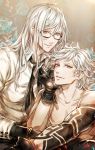  2boys adam_(nier_automata) buttons collarbone collared_shirt dated dr. eve_(nier_automata) flower glasses gloves lips long_hair long_sleeves male_focus multiple_boys nier_(series) nier_automata pale_skin red_eyes shirt short_hair siblings simple_background smile tattoo topless white_hair 