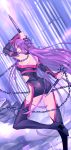  1girl arm_behind_back arm_up bare_shoulders boots chains collar column commentary_request elbow_gloves fate/stay_night fate_(series) floating_hair from_behind gloves highres holding holding_weapon long_hair looking_back nail no_mask pillar profile purple_hair rider rock solo standing standing_on_one_leg thigh-highs thigh_boots very_long_hair violet_eyes watermark weapon yanami 
