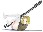 1girl blonde_hair blue_eyes blush closed_mouth feet from_side gun hairband heterochromia highres holding holding_gun holding_weapon long_sleeves looking_at_viewer lying no_shoes on_back oota_youjo original red_eyes rifle sailor_collar shadow short_hair simple_background smile solo thigh-highs weapon white_background white_legwear 