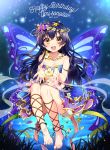  1girl :d ankle_lace-up bandeau barefoot blue_hair butterfly_hair_ornament butterfly_wings character_name cross-laced_footwear crossed_bangs dated feet floating flower flower_necklace hair_ornament happy_birthday head_wreath ichinose_yukino jewelry layered_skirt long_hair love_live! love_live!_school_idol_project necklace open_mouth smile solo sonoda_umi sparkle toes wings yellow_eyes 