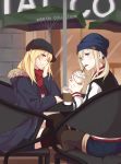  2girls absurdres alternate_costume beret bismarck_(kantai_collection) black_legwear blonde_hair blue_eyes blurry chair coat contemporary copyright_name denim denim_shorts depth_of_field drinking_straw elbow_rest graf_zeppelin_(kantai_collection) hair_between_eyes hat highres kantai_collection long_hair looking_at_viewer multiple_girls nyasa outdoors red_scarf scarf shorts sitting smile straight_hair table thigh-highs twintails winter_clothes 