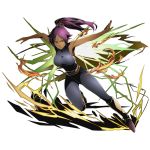  1girl armpits bare_arms bare_shoulders bleach bodysuit breasts dark_skin divine_gate female floating_hair full_body hair_ribbon large_breasts long_hair looking_at_viewer official_art one_leg_raised outstretched_arms ponytail purple_hair red_ribbon ribbon shihouin_yoruichi sideboob simple_background sleeveless sleeveless_bodysuit solo tied_hair transparent_background ucmm yellow_eyes 