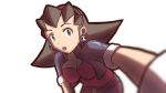  1girl belt breasts brown_hair capcom cleavage earrings fdmpro gloves green_eyes hair_slicked_back hairband jacket jewelry open_mouth pink_hairband rockman rockman_dash short_hair short_sleeves solo tron_bonne 