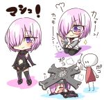  1girl armor armored_dress black-framed_eyewear black_dress black_legwear blush chibi closed_eyes dress elbow_gloves fate/grand_order fate_(series) glasses gloves hair_over_one_eye jacket jako_(jakoo21) multiple_views navel navel_cutout necktie pantyhose purple_gloves purple_hair purple_legwear red_necktie saint_quartz seiza shield shielder_(fate/grand_order) short_hair sitting skeleton smile violet_eyes 