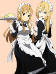  2girls apron blonde_hair blue_eyes cup highres k-on! kicchi_(tmgk) kotobuki_tsumugi long_hair maid maid_apron maid_headdress multiple_girls orange_background saitou_sumire simple_background smile teapot thick_eyebrows tray v 