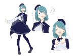  1girl anger_vein beret blue_eyes blue_hair blush_stickers cape expressions frilled_skirt frills hat highres loafers multiple_views neck_ribbon original ribbon shoes short_hair simple_background sketch skirt smile solo sweatdrop sy-l-via thigh-highs white_background 