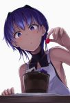  1girl assassin_(fate/prototype_fragments) bare_shoulders blush chocolate dark_skin fate/grand_order fate/prototype fate/prototype:_fragments_of_blue_and_silver fate_(series) food fruit looking_at_viewer monobe_tsukuri purple_hair short_hair solo strawberry violet_eyes white_background 
