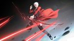  1boy archer arrow attack bow brown_eyes cangkong cape fate/stay_night fate_(series) floating frown highres holding holding_bow_(weapon) holding_weapon leg_armor long_sleeves rock sky solo weapon white_hair 