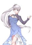  1girl blue_dress blue_eyes blush dress kio_rojine long_hair looking_at_viewer open_mouth rwby scar side_ponytail smile weiss_schnee white_background white_hair 