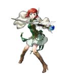 1girl boots cape feathers female fighting_stance fire_emblem fire_emblem:_rekka_no_ken fire_emblem_heroes full_body green_eyes hair_ornament high_heel_boots high_heels highres holding holding_staff kaya8 knee_boots official_art open_mouth priscilla_(fire_emblem) redhead short_hair simple_background skirt solo staff teeth transparent_background wing_hair_ornament