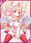  1girl :3 :o akkijin angel_wings animal_ears bangs bare_shoulders bed between_legs blown_kiss blush border breasts card_(medium) cat_ears cat_tail catcine_(shinkai_no_valkyrie) curtains detached_sleeves dress feathers foreshortening full_body hand_between_legs hat heart indoors large_breasts long_hair looking_at_viewer nurse nurse_cap official_art on_bed open_mouth outstretched_arm paw_print pink_hair red_eyes red_legwear shinkai_no_valkyrie short_dress sitting sleeves_past_wrists solo sparkle spread_legs striped striped_legwear syringe tail thigh-highs very_long_hair wariza wings zettai_ryouiki 