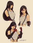 1girl black_hair breasts clenched_hands earrings elbow_pads fighting_stance final_fantasy final_fantasy_vii fingerless_gloves gloves highres jewelry large_breasts lisa_buijteweg long_hair midriff ponytail red_eyes red_gloves signature sketch smile solo suspenders tank_top tifa_lockhart upper_body watermark web_address 
