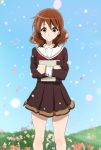  1girl brown_eyes brown_hair brown_shirt brown_skirt circle_(pixiv7060692) colarbone collarbone day hibike!_euphonium highres holding long_hair looking_at_viewer neckerchief oumae_kumiko outdoors pleated_skirt red_neckerchief school_uniform shiny shiny_skin shirt skirt smile solo tears 