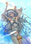  aqua_(fire_emblem_if) blue_hair breasts cleavage dress elbow_gloves fire_emblem fire_emblem_if gloves hair_ornament headdress holding kero_sweet long_hair looking_at_viewer open_mouth panties pantyshot staff thigh-highs underwear water yellow_eyes 