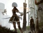  1boy 1girl android blindfold boots breasts building cutout dress gekkou_hotaru grass highres juliet_sleeves katana leaf long_sleeves nier_(series) nier_automata patterned_clothing pipes pod_(nier_automata) puffy_sleeves short_hair shorts strap sword thigh-highs thigh_boots weapon white_hair yorha_no._2_type_b yorha_no._9_type_s 