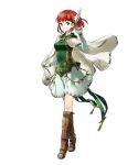 1girl boots cape closed_mouth elbow_gloves feathers female fire_emblem fire_emblem:_rekka_no_ken fire_emblem_heroes full_body gloves green_eyes hair_ornament hand_up highres kaya8 official_art priscilla_(fire_emblem) redhead simple_background skirt solo standing transparent_background wing_hair_ornament