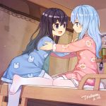  2girls akatsuki_(kantai_collection) alternate_costume animal_print bed bed_sheet bedroom blue_clothes blue_eyes bunk_bed bunny_print character_doll curtains dated hair_between_eyes hibiki_(kantai_collection) highres indoors kantai_collection long_hair looking_at_another multiple_girls on_bed open_mouth pajamas pantyhose pink_clothes purple_hair sheep_print signature silver_hair sitting tsubasa_tsubasa violet_eyes 