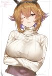  1girl blush breast_hold breasts brown_hair crossed_arms green_eyes headgear isshiki_(ffmania7) kantai_collection large_breasts looking_at_viewer mutsu_(kantai_collection) one_eye_closed open_mouth ribbed_sweater short_hair signature simple_background smile solo sweater turtleneck turtleneck_sweater twitter_username 