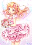  1girl aikatsu! artist_name birthday blonde_hair bouquet dress earrings flower hair_ribbon happy_birthday highres hoshimiya_ichigo jewelry long_hair pink_dress red_eyes ribbon shirato_sayuri wings 