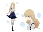  1girl bangs bare_legs blonde_hair blouse blue_eyes full_body highres hitodama loafers long_hair looking_at_viewer multiple_views original profile shoes skirt skirt_hold smile socks solo suspender_skirt suspenders sy-l-via wavy_hair white_background 