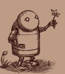  bolt flower full_body grass holding holding_flower machine monochrome nier_(series) nier_automata no_humans plant robot simple_background sketch solo standing 