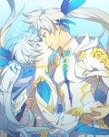  2boys alternate_costume alternate_hairstyle blue_eyes couple cowboy_shot eye_contact grey_hair hand_holding highres hug incipient_kiss light_blue_hair long_hair looking_at_another looking_down looking_up male_focus mikleo_(tales) multiple_boys neck parted_lips smile sorey_(tales) surprised tales_of_(series) tales_of_zestiria underwater yaoi zehel_az 