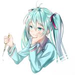  1girl akariko_(akaringo) aqua_eyes aqua_hair chin_rest hair_ribbon hatsune_miku highres long_hair mechanical_pencil necktie pencil ribbon simple_background solo twintails upper_body vocaloid white_background 