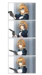  1girl 4koma absurdres anger_vein angry aviator_sunglasses blush brown_hair comic fur_trim girls_frontline glasses_on_head gloves grizzly_mkv grizzly_mkv_(girls_frontline) gun handgun highres jacket messy_hair solo sunglasses trembling violet_eyes weapon xiu_jiayihuizi 
