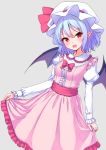  1girl adapted_costume bat_wings blue_hair buttons center_frills dress dress_lift grey_background hat hat_ribbon juliet_sleeves junior27016 lifted_by_self long_sleeves looking_at_viewer mob_cap pink_dress pointy_ears puffy_sleeves red_eyes red_ribbon remilia_scarlet ribbon sash simple_background smile solo touhou wings 