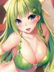  1girl :d armlet armpits bangs bare_shoulders bikini bikini_top blue_eyes blunt_bangs blush bow breasts cleavage close-up collarbone copyright_request eyebrows_visible_through_hair food_themed_hair_ornament green_bikini green_hair hair_bow hair_ornament head_tilt large_breasts leaf long_hair looking_at_viewer melon_hair_ornament melonbooks nironiro open_mouth round_teeth smile solo swimsuit teeth upper_body yellow_bow 