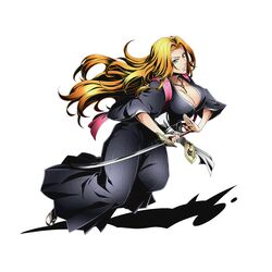  1girl bleach blonde_hair blue_eyes breasts cleavage divine_gate female floating_hair full_body hakama holding holding_sword holding_weapon japanese_clothes jewelry katana kimono large_breasts long_hair matsumoto_rangiku mole mole_under_mouth necklace official_art pleated shadow simple_background solo sword transparent_background ucmm very_long_hair weapon white_legwear 