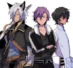 3boys animal_ears arjuna_(fate/grand_order) black_hair blue_eyes cropped_jacket crossed_arms crossover dark_skin dark_skinned_male ensemble_stars! erun_(granblue_fantasy) eustace_(granblue_fantasy) fate/grand_order fate_(series) fur_trim granblue_fantasy gun hair_between_eyes hair_over_one_eye jacket male_focus multiple_boys multiple_crossover open_clothes open_jacket otogari_adonis purple_hair rifle silver_hair sudachips trait_connection weapon yellow_eyes 