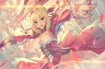  &gt;:d 1girl :d aestus_estus aguy ahoge blonde_hair blurry blush braid breasts center_opening cleavage depth_of_field dress epaulettes fate/extra fate_(series) french_braid green_eyes hair_bun hair_intakes holding holding_sword holding_weapon large_breasts leotard looking_at_viewer nail_polish open_mouth outdoors petals red_dress red_nails saber_extra sidelocks smile solo sword upper_body upskirt weapon white_leotard 