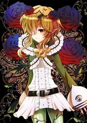  1girl blonde_hair cranberry_(mahoiku) elf flower hair_over_one_eye mahou_shoujo_ikusei_keikaku mahou_shoujo_ikusei_keikaku_unmarked okazaki_beru pointy_ears red_eyes rose short_hair sidelocks smile solo 