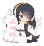  1girl :o black_boots black_eyes black_footwear black_hair blush boots breasts chibi embarrassed emperor_penguin_(kemono_friends) english erect_nipples eyebrows_visible_through_hair eyelashes full_body hair_over_one_eye headphones holding holding_pillow hood hooded_jacket jacket kemono_friends large_breasts leotard long_sleeves looking_away medium_hair multicolored_hair no_nose onomatopoeia open_clothes open_jacket open_mouth orange_hair pillow redhead shoelaces shy simple_background sitting solo sweat tail thigh-highs translation_request tsurime turtleneck two-tone_hair wariza watanohara white_background white_leotard yes yes-no_pillow 