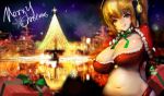  1girl absurdres arms_behind_back bell belly blonde_hair breasts brown_eyes capelet christmas christmas_tree cleavage curvy eyebrows_visible_through_hair gift green_ribbon headphones highres huge_breasts lapaco licking_lips looking_at_viewer merry_christmas midriff navel nitroplus plump pom_pom_(clothes) red_capelet reflection ribbon short_twintails skindentation snowflakes solo super_pochaco text tongue tongue_out twintails wide_hips 