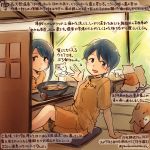  2017 2girls :d animal black_eyes black_hair colored_pencil_(medium) commentary_request dated food hamster kantai_collection kirisawa_juuzou long_hair mikuma_(kantai_collection) mogami_(kantai_collection) multiple_girls numbered open_mouth orange_shirt orange_shorts sauna shirt short_hair short_sleeves shorts sitting smile traditional_media translation_request twintails twitter_username 