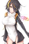  1girl bangs black_hair blonde_hair blush breasts brown_eyes closed_mouth covered_navel cowboy_shot emperor_penguin_(kemono_friends) erect_nipples group_name hair_over_one_eye headphones highleg highleg_leotard highres hood hoodie kemono_friends large_breasts legs_apart leotard light_smile looking_at_viewer multicolored_hair open_clothes open_hoodie simple_background smile solo standing streaked_hair takumin_(takumi415) thigh-highs thighs white_background white_legwear white_leotard 